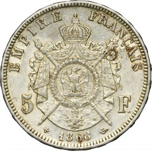 Francja, Napoleon III, 5 Franków Strasbourg 1868 BB