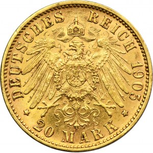 Germany, Kingdom of Prussia, Wilhelm II, 20 Mark Hamburg 1905 J - RARE