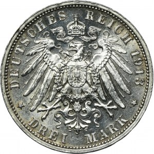 Germany, Saxony, Friedrich August III, 3 Mark Muldenhütten 1913 E