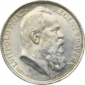 Germany, Bavaria, Regent Luitpold, 3 Mark Munich 1911 D