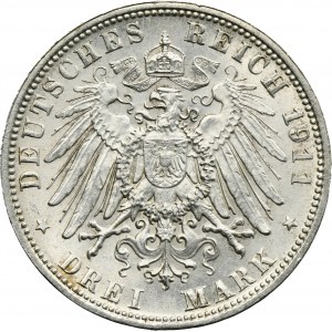 Germany, Bavaria, Regent Luitpold, 3 Mark Munich 1911 D