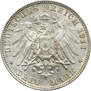 Germany, Bavaria, Regent Luitpold, 3 Mark Munich 1911 D