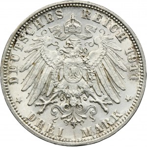 Germany, Bavaria, Regent Luitpold, 3 Mark Munich 1911 D