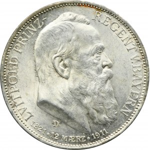 Germany, Bavaria, Regent Luitpold, 3 Mark Munich 1911 D