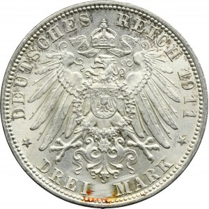 Germany, Bavaria, Regent Luitpold, 3 Mark Munich 1911 D