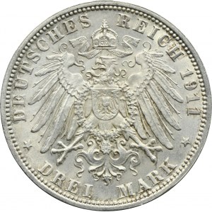 Germany, Bavaria, Regent Luitpold, 3 Mark Munich 1911 D