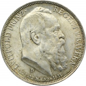 Germany, Bavaria, Regent Luitpold, 3 Mark Munich 1911 D