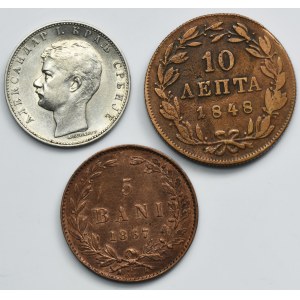 Sada, Grécko, Rumunsko, Srbsko, 10 leptov, 5 baní a 1 dinár (3 kusy).