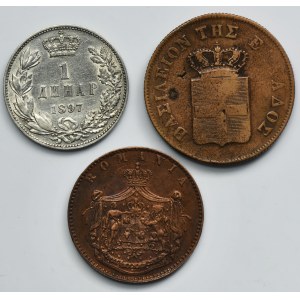Sada, Grécko, Rumunsko, Srbsko, 10 leptov, 5 baní a 1 dinár (3 kusy).