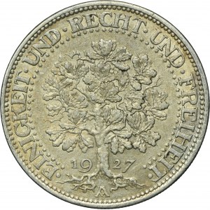 Germany, Weimar Republic, 5 Mark Berlin 1927 A - Oak