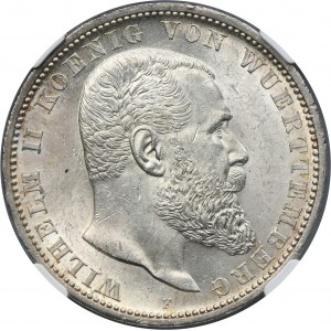 Allemagne, Royaume de Württemberg, Guillaume II, 5 Marks Stuttgart 1908 F - NGC MS62