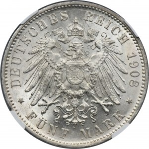 Allemagne, Royaume de Württemberg, Guillaume II, 5 Marks Stuttgart 1908 F - NGC MS62
