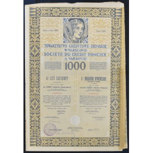 Towarzystwo Kredytowe Ziemskie w Warszawie, 6% list zastawny 1929, 1.000 franków francuskich