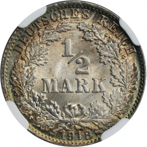 Germany, German Empire, Wilhelm II, 1/2 Mark Munich 1918 D - NGC MS67