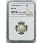 Germany, German Empire, Wilhelm II, 1/2 Mark Munich 1918 D - NGC MS67
