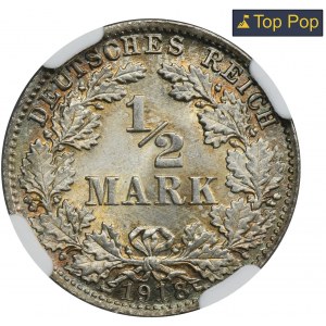 Germany, German Empire, Wilhelm II, 1/2 Mark Munich 1918 D - NGC MS68
