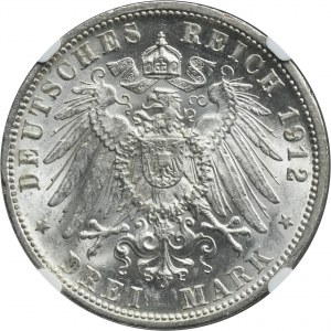 Allemagne, Royaume de Württemberg, Guillaume II, 3 Marks Stuttgart 1912 F - NGC MS62