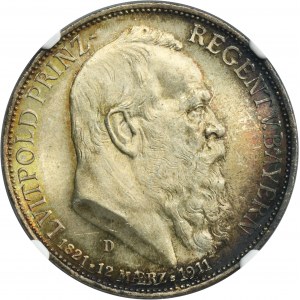 Germany, Bavaria, Regent Luitpold, 3 Mark Munich 1911 D - NGC MS66