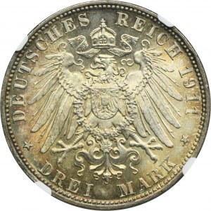 Germany, Bavaria, Regent Luitpold, 3 Mark Munich 1911 D - NGC MS66