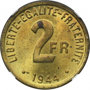 France, IV Republic, 2 Francs Philadelphia 1944 - NGC MS62