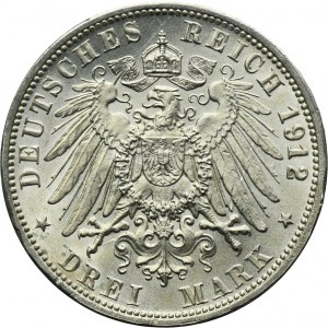 Germany, Kingdom of Württemberg, Wilhelm II, 3 Mark Stuttgart 1912 F