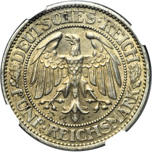 Germany, Weimar Republic, 5 Mark Berlin 1932 A - Oak - NGC AU58