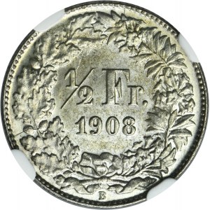 Switzerland, Swiss Confederation, 1/2 Franc Bern 1908 B - NGC MS64