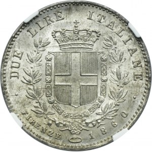 Italy, Provisional Government of Tuscany, Victor Emmanuel II, 2 Lira Florence 1860 - NGC MS64 - RARE