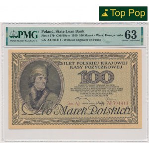 100 marek 1919 - Ser.AJ - PMG 63 - numerator czerwony - OKAZOWY