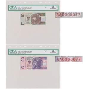 Zestaw, 10-20 złotych 1994 - AA 0005077 - GDA 65-66 EPQ - identyczna seria i numer