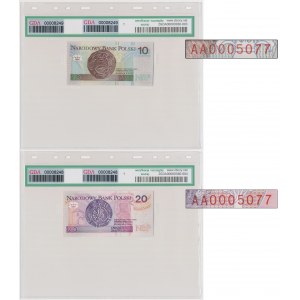Zestaw, 10-20 złotych 1994 - AA 0005077 - GDA 65-66 EPQ - identyczna seria i numer