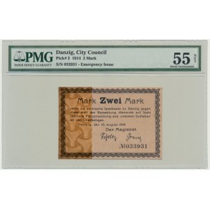 Danzig, 2 Mark 1914 - watermark spades - PMG 55 NET - without Ungültig -
