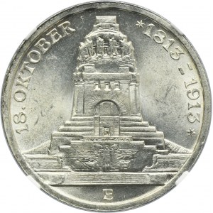 Germany, Saxony, Friedrich August III, 3 Mark Muldenhütten 1913 E - NGC MS63