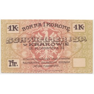 Kraków, Schwimmer i Sp, 1 korona 1919 - blankiet - RZADKI