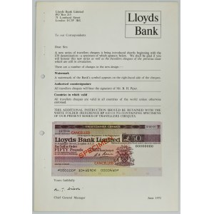 Wzornik z czekiem podróżnym 50 Ł, Wielka Brytania, Lloyds Bank - czerwiec 1972 r.