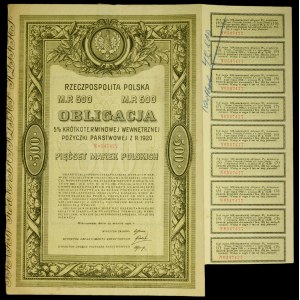 5% Krótkoterminowa Pożyczka Państwowa 1920, obligacja 500 mkp