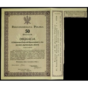 5% Państwowa Pożyczka Konwersyjna 1924, obligacja 50 zł z oryginalnym talonem i jednym kuponem