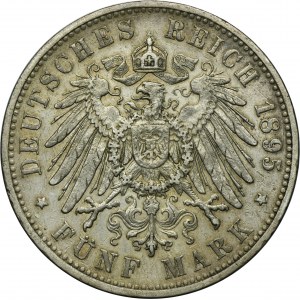 Germany, Württemberg, Wilhelm II, 5 Mark Stuttgart 1895 F