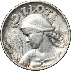 Kobieta i kłosy, 2 złote Londyn 1925 - kropka po dacie