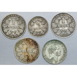 Lot, Germany, 1/6 Thaler, 1 Mark and 1/2 Mark (5 pcs.)