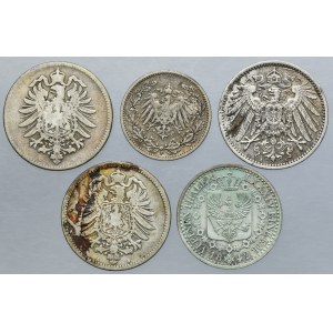 Lot, Germany, 1/6 Thaler, 1 Mark and 1/2 Mark (5 pcs.)