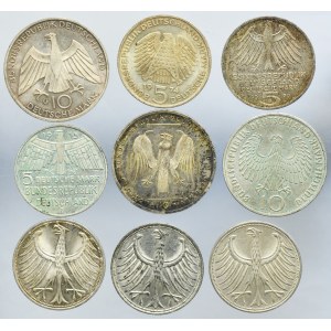 Lot, Germany, FRG, 5 Mark and 10 Mark (9 pcs.)