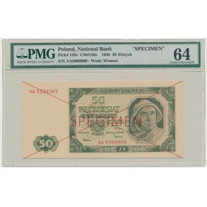 50 złotych 1948 - SPECIMEN - AA 1234567/8900000 - PMG 64