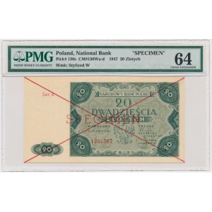 20 złotych 1947 - SPECIMEN - A 1234567 - PMG 64