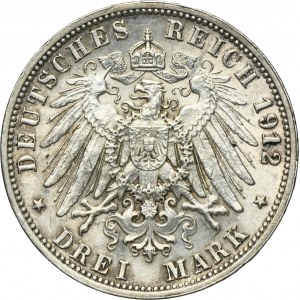 Germany, Kingdom of Württemberg, Wilhelm II, 3 Mark Stuttgart 1912 F