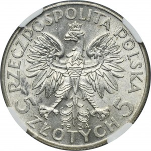 Głowa Kobiety, 5 złotych Warszawa 1934 - NGC AU58