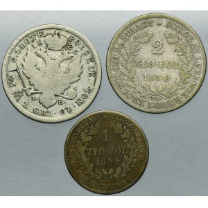 Lot, Polish Kingdom, 1 Zloty and 2 Zlote (3 pcs.)