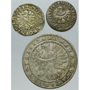 Satz, Schlesien, Herzogtum Legnicko-Brzesko-Wołowski, 1 Krajcar, 3 Krajcars und 15 Brzeg Krajcars (3 Stück).