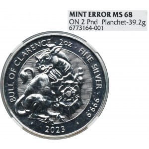 Great Britain, Charles III, 2 Pounds Llantrisant 2023 - Tudor Beasts, Bull - NGC MINT ERROR MS68 - RARE