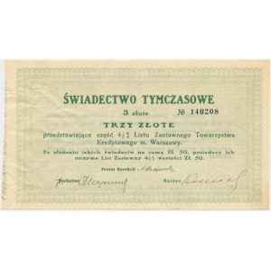 TKM Warszawa, świadectwo tymczasowe 4,5% listu zastawnego konwersyjnego, 3 zł - RZADKOŚĆ